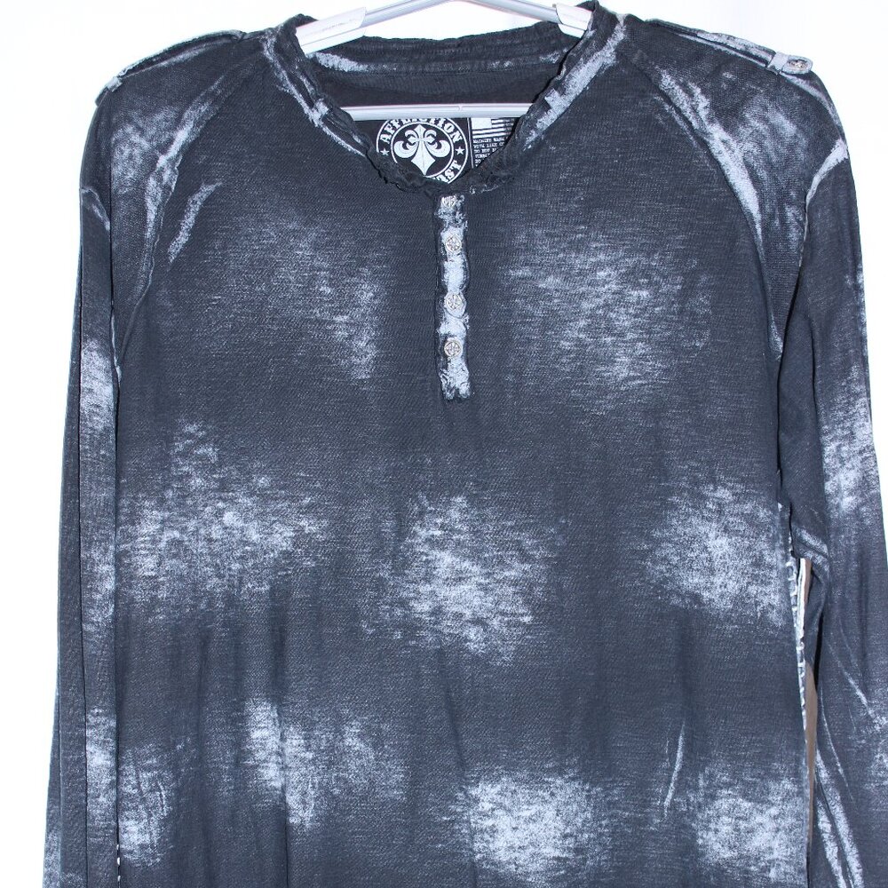 Affliction T-Shirt Mens 3XL Black Distressed Button Long Sleeve Shoulder Straps